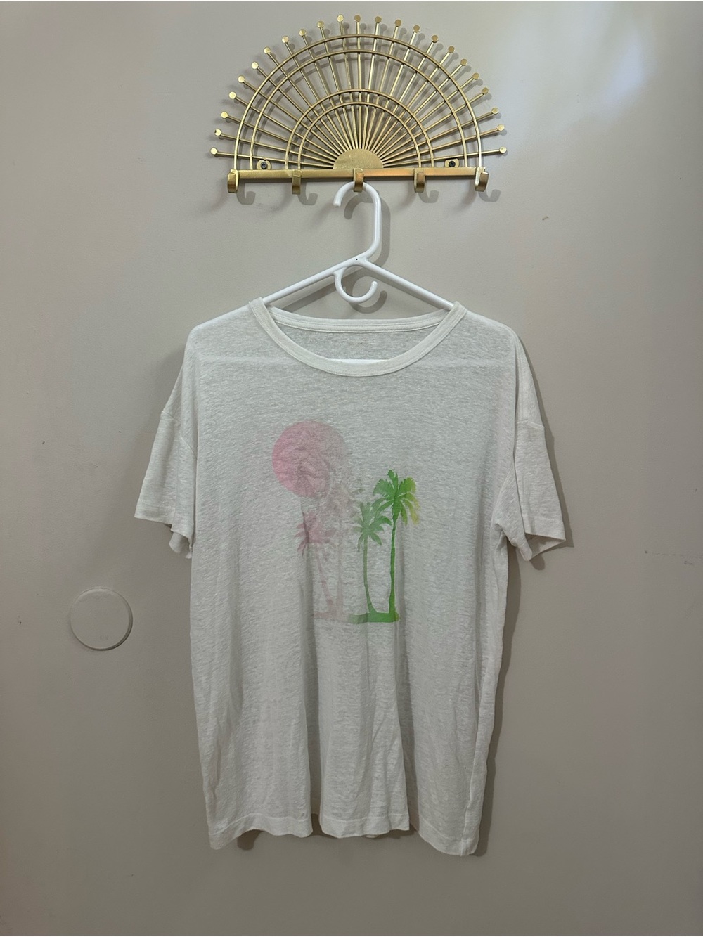 aerie White Oversized Short Sleeve Tee with Pink Sun and Green Palm Graphic